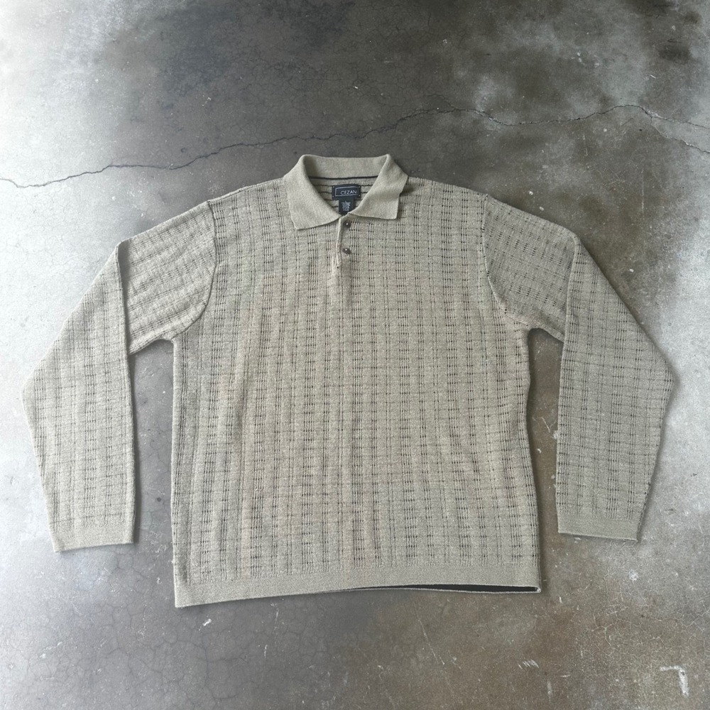 Cezani Polo Sweater Mens Large Tan Excellent Wool Blend Long Sleeve Textured